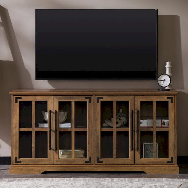 Oak Glass-Door TV Stand, Fits TVs up to 65", 1-Person Assembly
