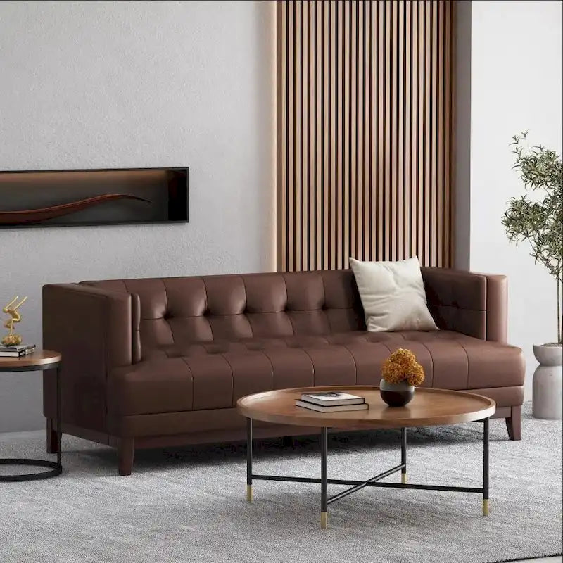 Dark Brown Button-Tufted 3-Seater Sofa with Wood Legs