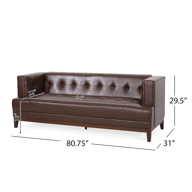Dark Brown Button-Tufted 3-Seater Sofa with Wood Legs