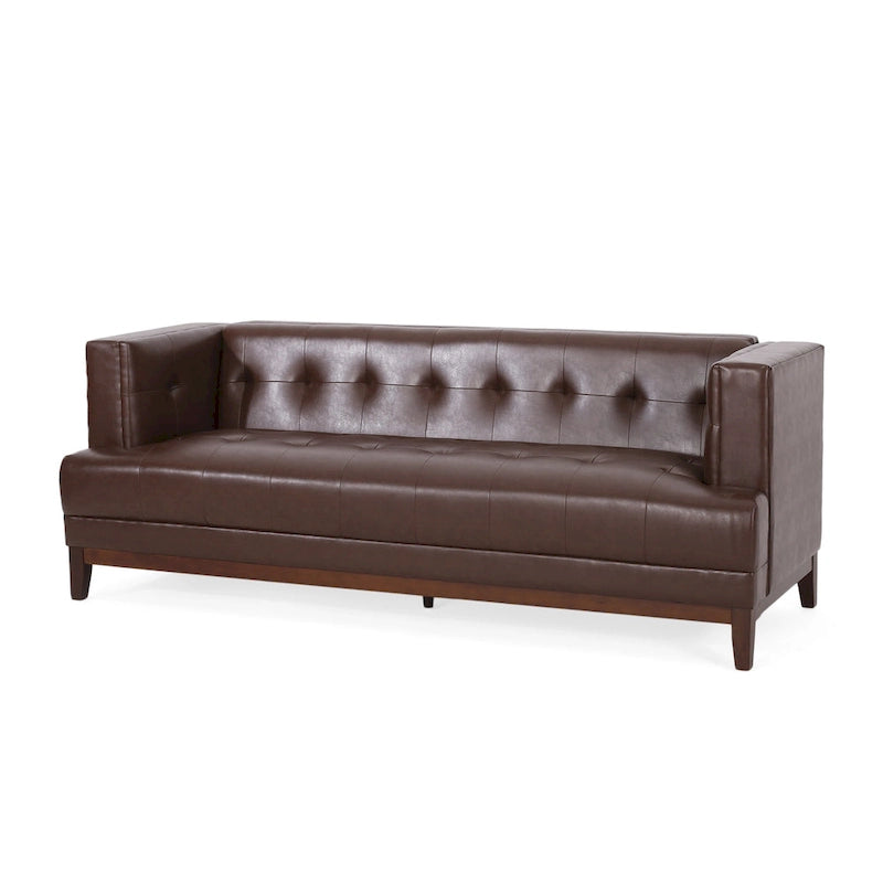 Dark Brown Button-Tufted 3-Seater Sofa with Wood Legs
