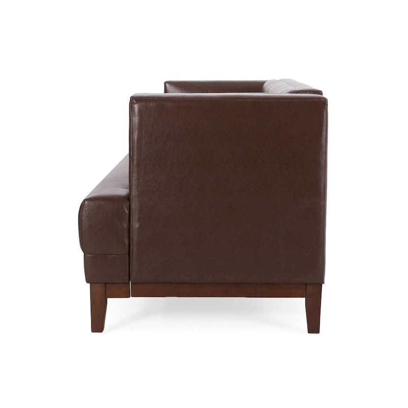 Dark Brown Button-Tufted 3-Seater Sofa with Wood Legs