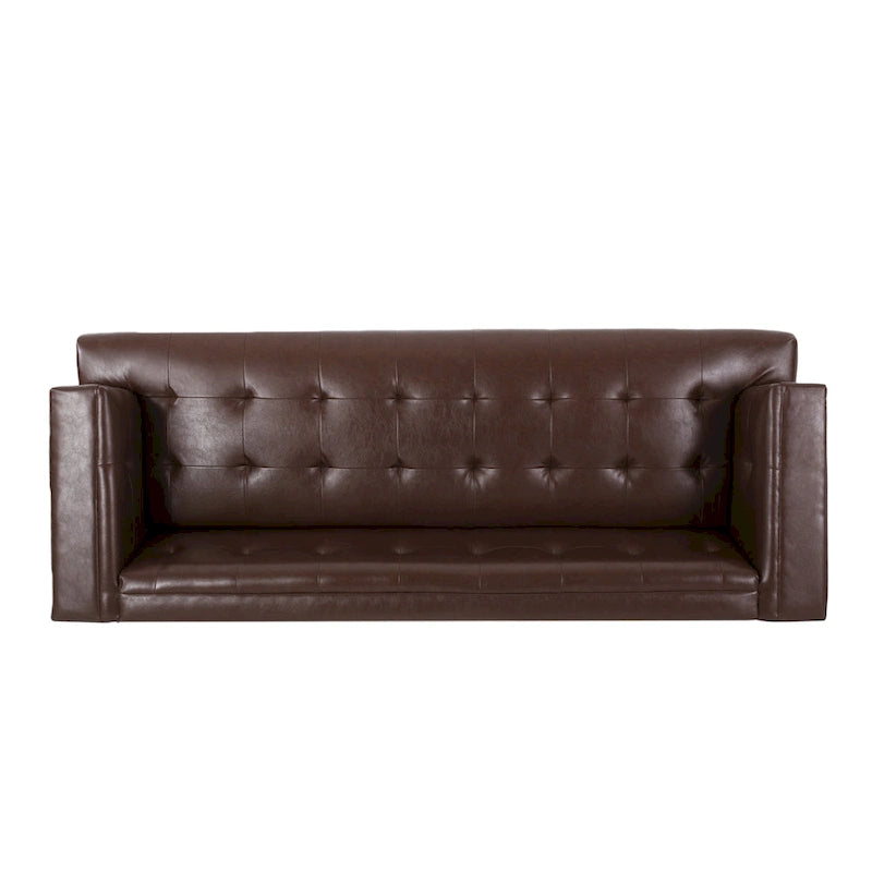Dark Brown Button-Tufted 3-Seater Sofa with Wood Legs