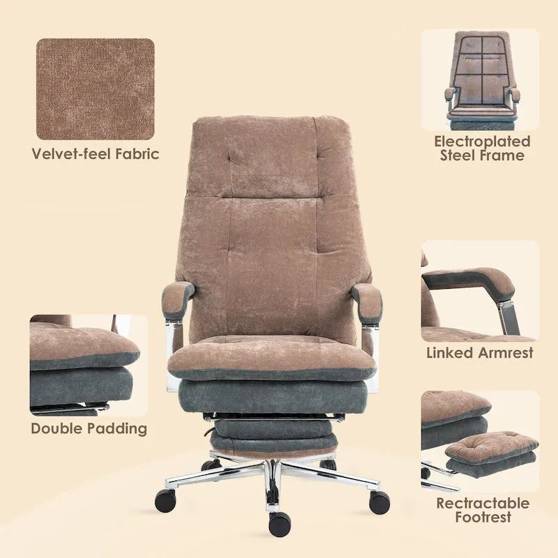 Coffee Velvet Oversized Office Recliner Chair, Swivel Wheels, Single Seat