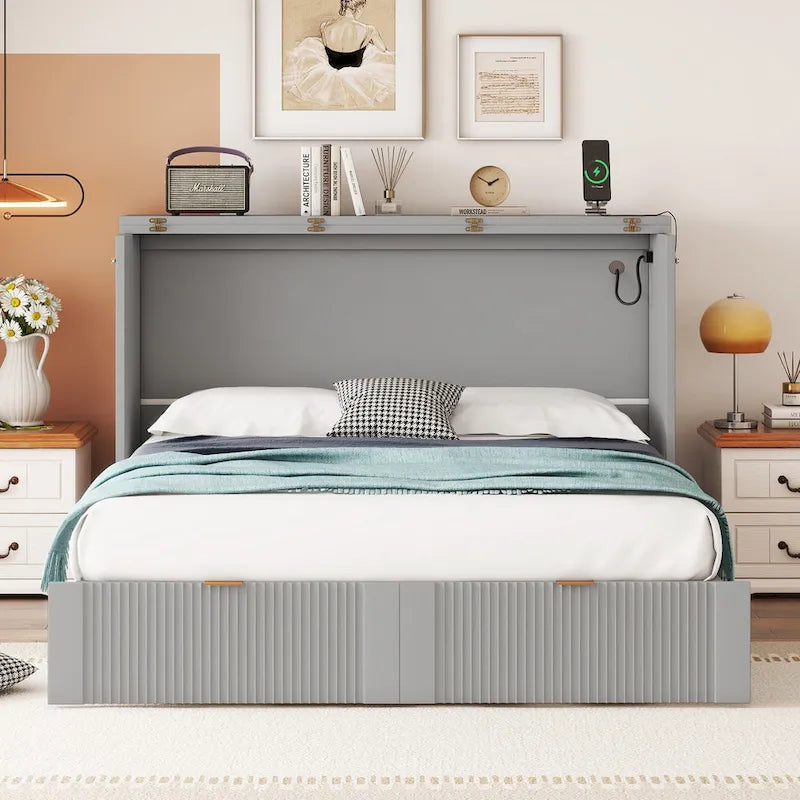 Grey Full Size Murphy Wall Bed with Drawer, Sockets & USB Ports (1 Person)