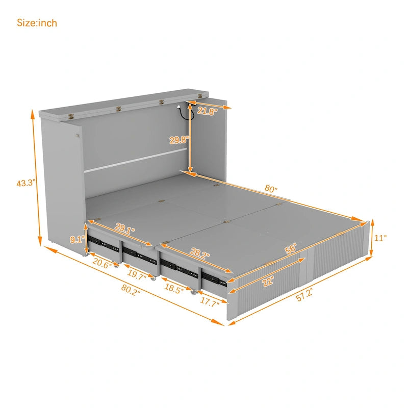 Grey Full Size Murphy Wall Bed with Drawer, Sockets & USB Ports (1 Person)