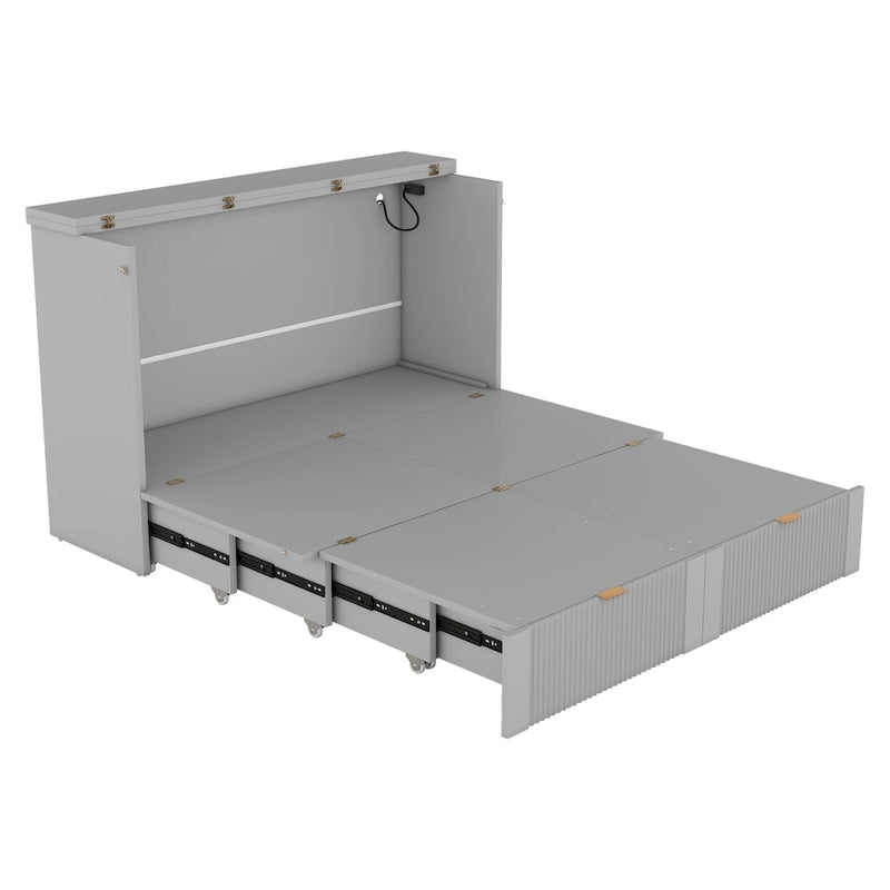 Grey Full Size Murphy Wall Bed with Drawer, Sockets & USB Ports (1 Person)