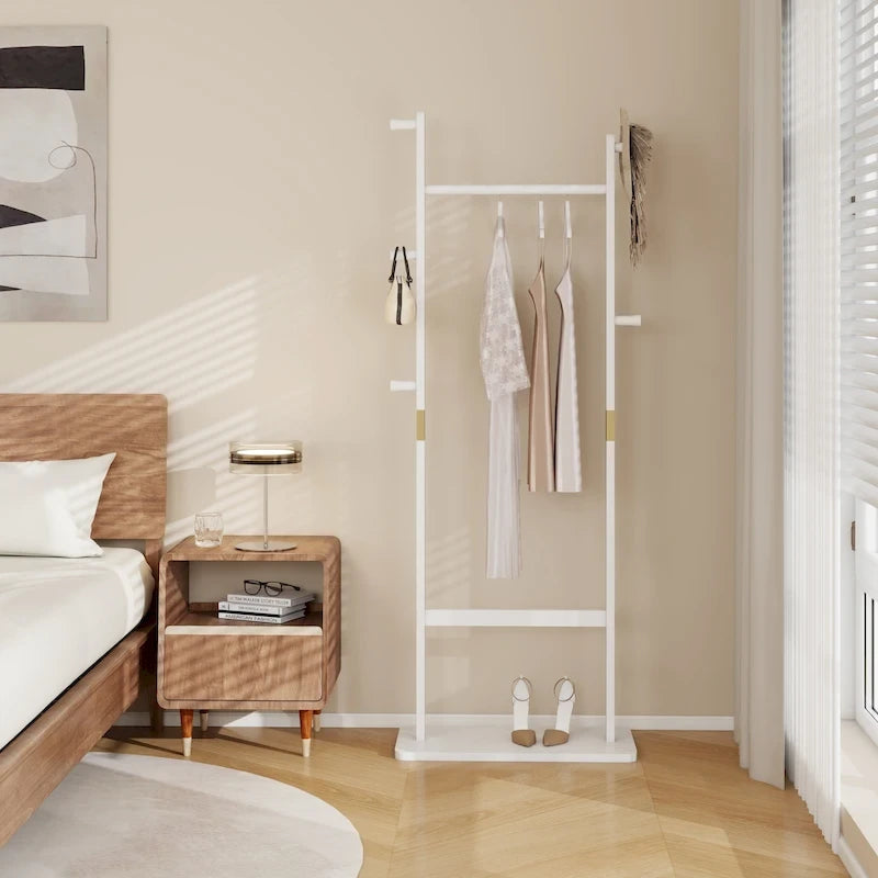 White Solid Wood Coat Rack, 5 Hooks, 1-Person