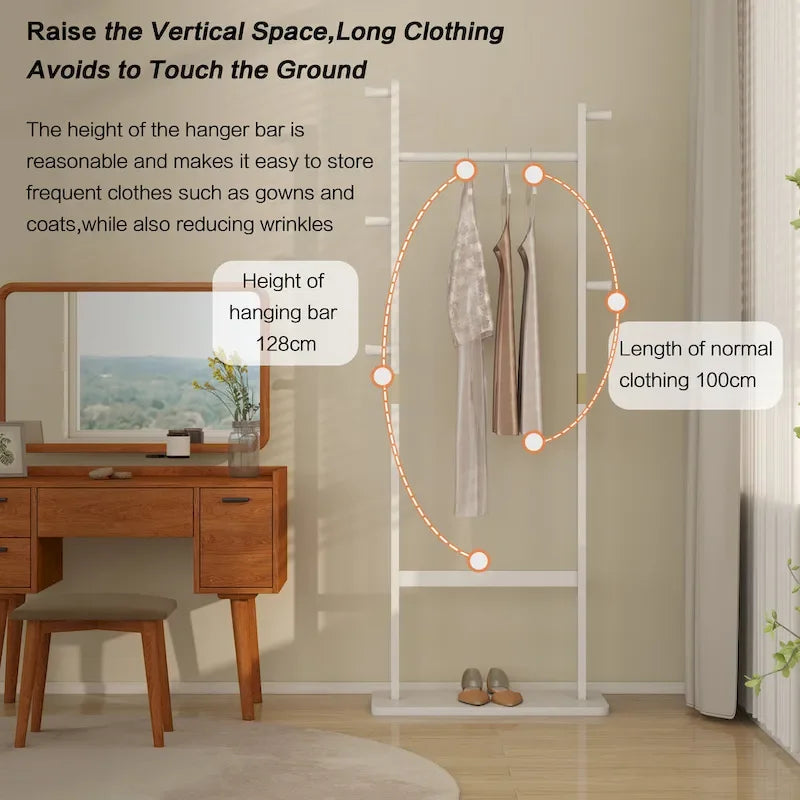 White Solid Wood Coat Rack, 5 Hooks, 1-Person