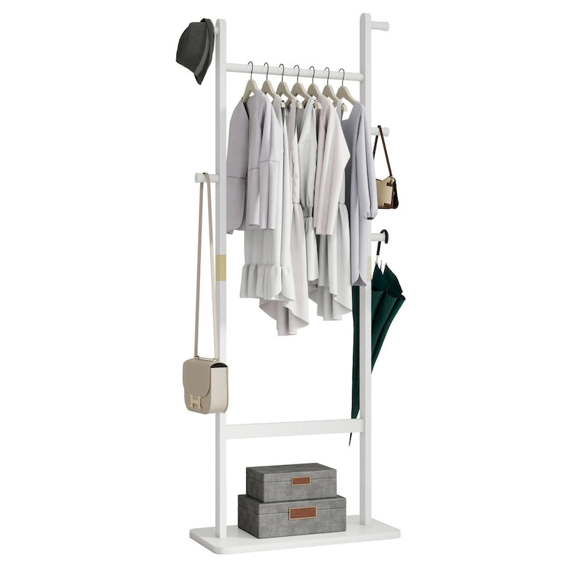 White Solid Wood Coat Rack, 5 Hooks, 1-Person