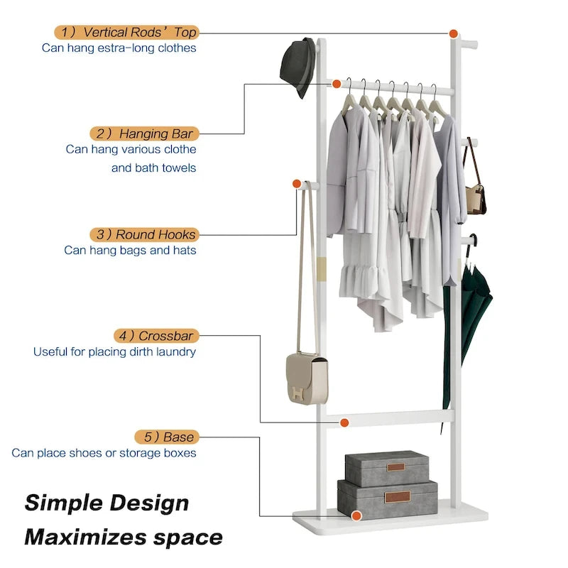 White Solid Wood Coat Rack, 5 Hooks, 1-Person