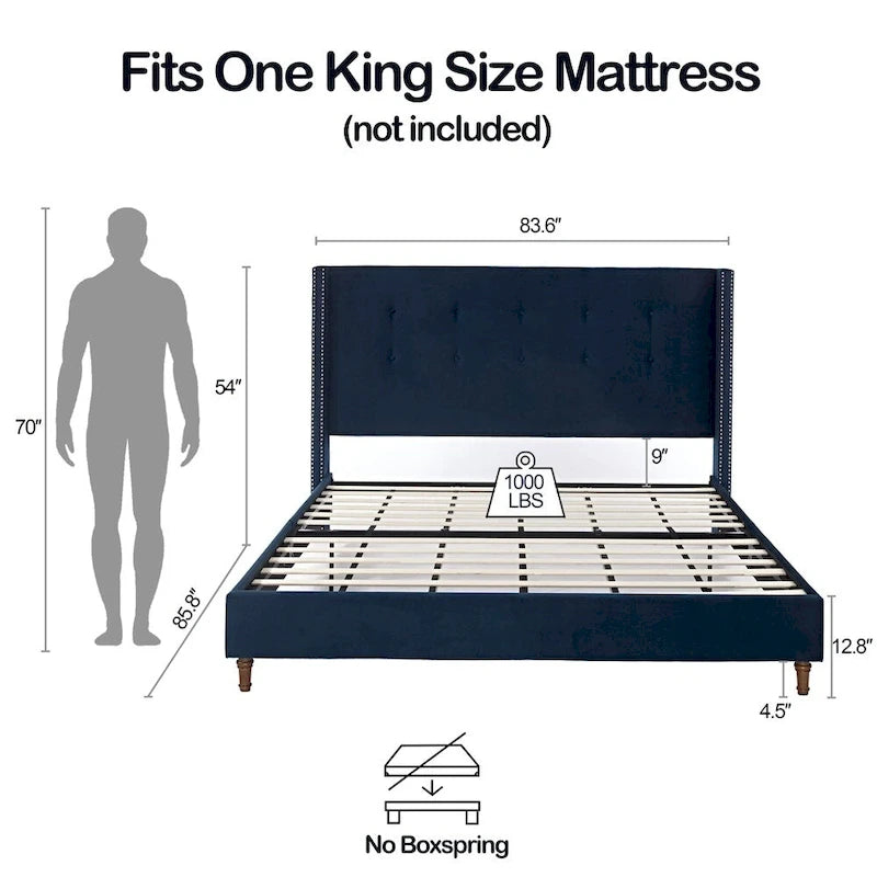 Blue King Wingback Upholstered Bed, Button-Tufted Headboard, for 2