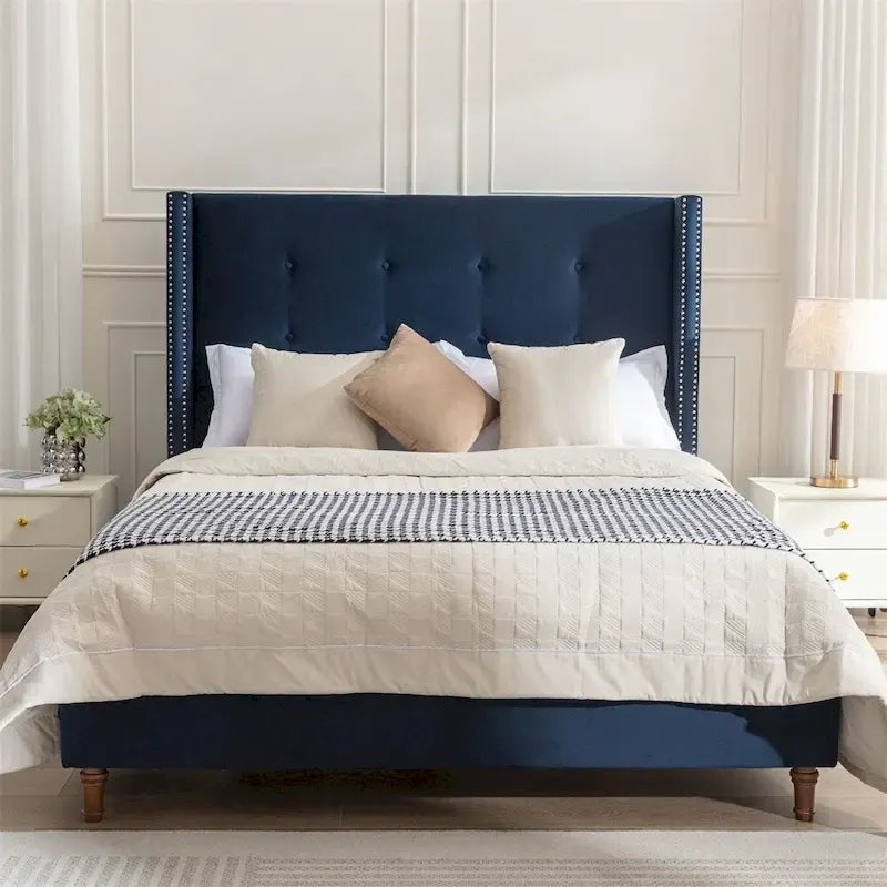 Blue King Wingback Upholstered Bed, Button-Tufted Headboard, for 2