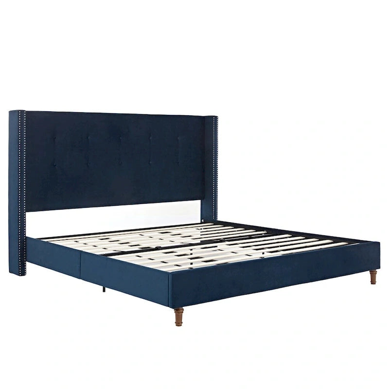 Blue King Wingback Upholstered Bed, Button-Tufted Headboard, for 2