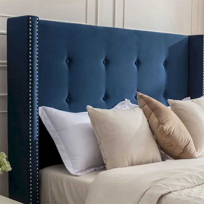 Blue King Wingback Upholstered Bed, Button-Tufted Headboard, for 2