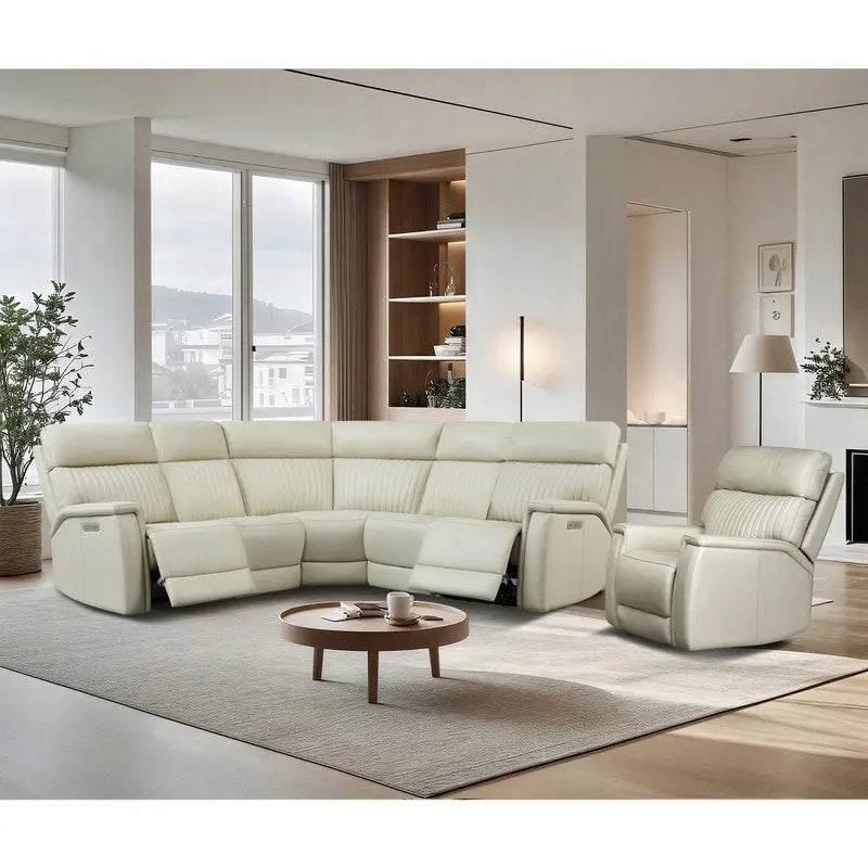 Cream Genuine Leather Power Reclining Sectional Sofa Set, 7-Seat