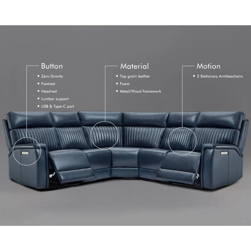 Cream Genuine Leather Power Reclining Sectional Sofa Set, 7-Seat