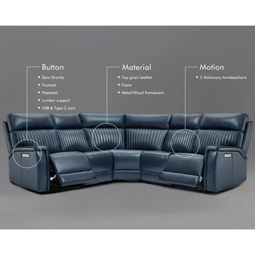 105 W Genuine Leather Power Reclining Sectional and Recliner Sofa Set with USB&USB-C Port, 2 Stationary Armlesschairs