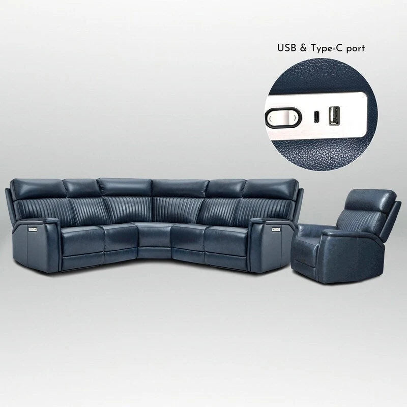 Cream Genuine Leather Power Reclining Sectional Sofa Set, 7-Seat