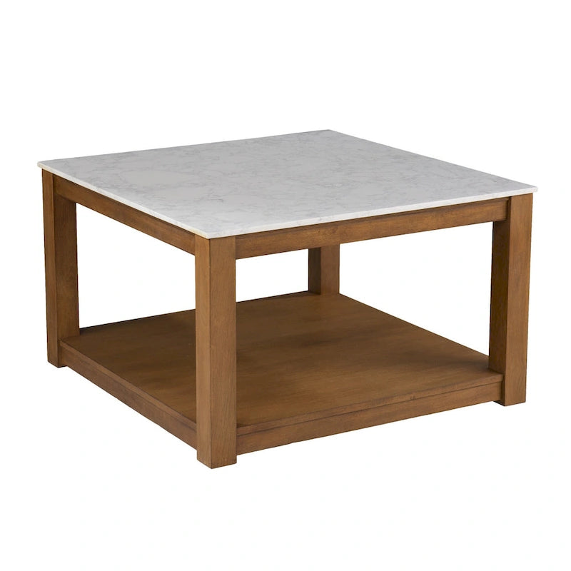 Brown & White Square Coffee Table with Storage Shelf, Seats 1