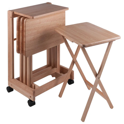 Beige Folding Snack Table Set for 4, with Rolling Storage Stand