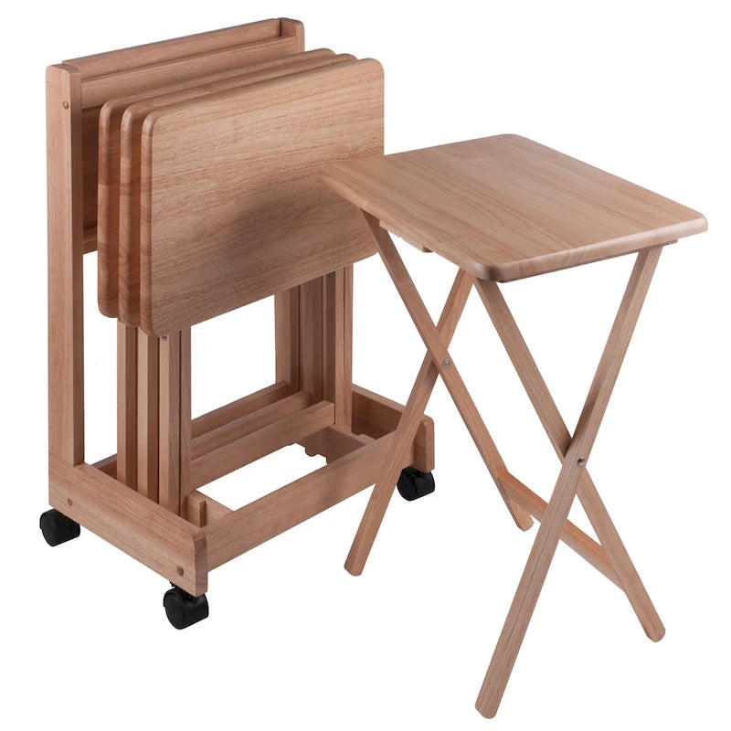 Beige Folding Snack Table Set for 4, with Rolling Storage Stand