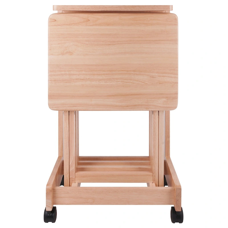 Beige Folding Snack Table Set for 4, with Rolling Storage Stand