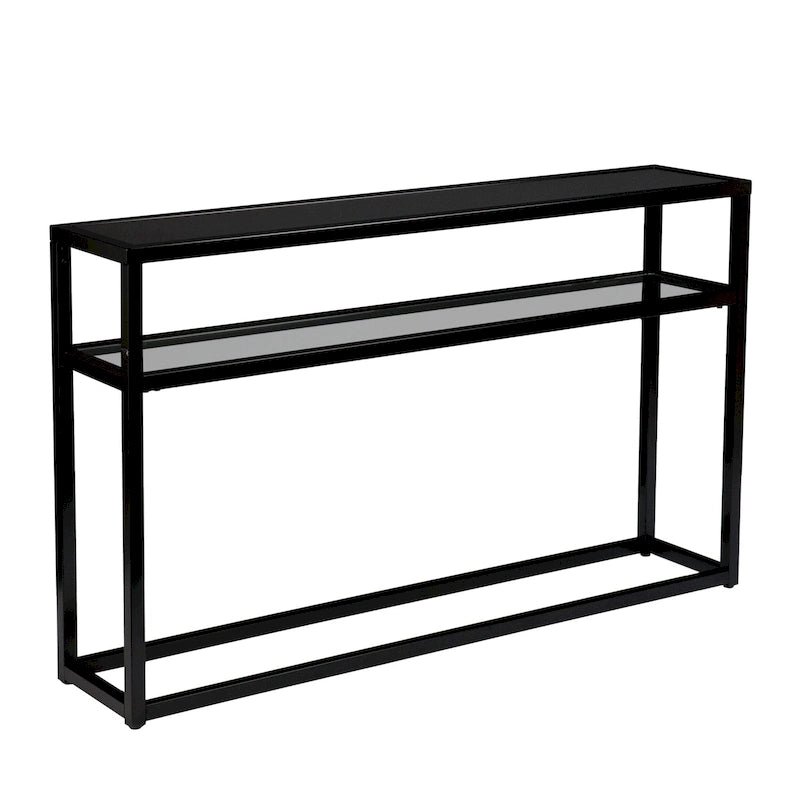 Black Glass-Top Console Table with Metal Frame & Shelf