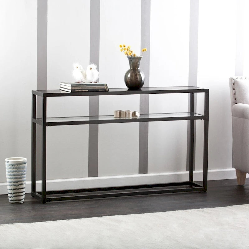 Black Glass-Top Console Table with Metal Frame & Shelf