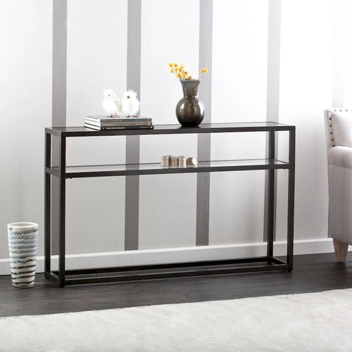 Black Glass-Top Console Table with Metal Frame & Shelf