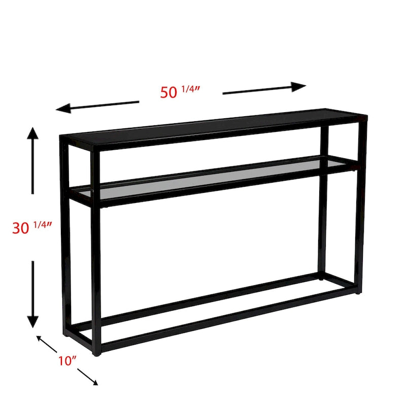Black Glass-Top Console Table with Metal Frame & Shelf