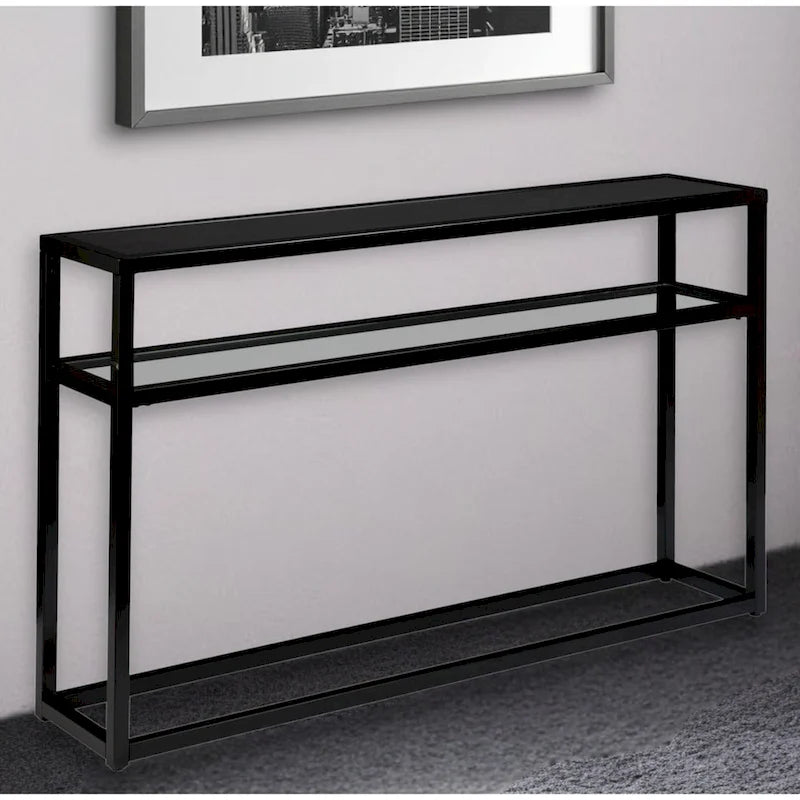 Black Glass-Top Console Table with Metal Frame & Shelf