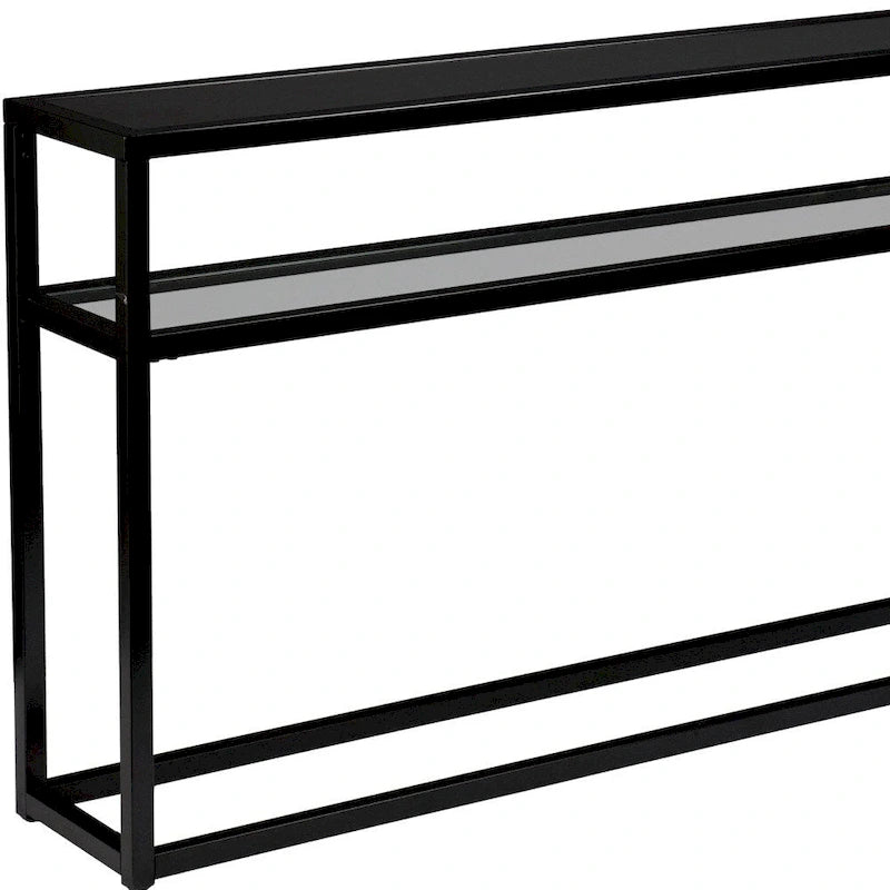 Black Glass-Top Console Table with Metal Frame & Shelf