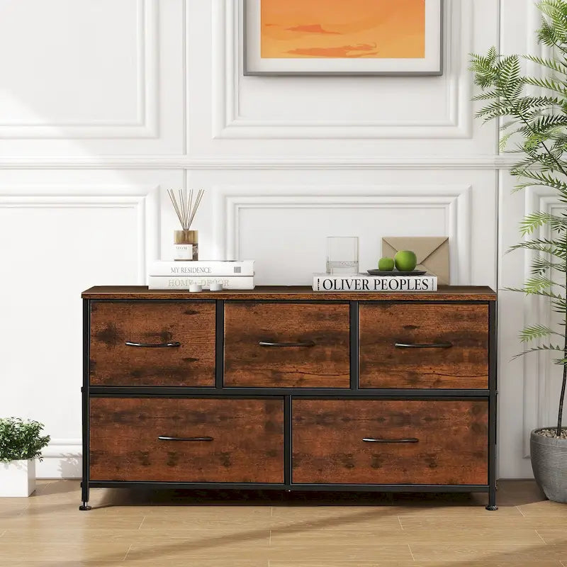 5-Drawer Fabric Dresser, Steel Frame, Wood Top – Black / Rust Brown / White / Grey