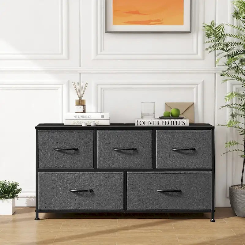 5-Drawer Fabric Dresser, Steel Frame, Wood Top – Black / Rust Brown / White / Grey