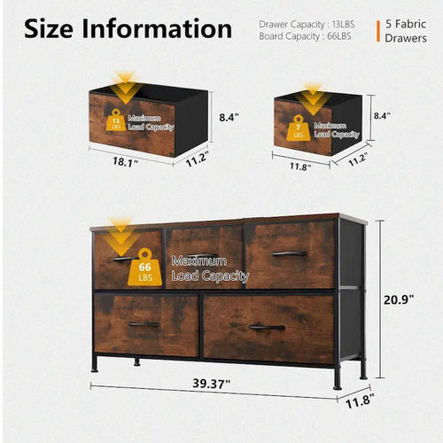 5-Drawer Fabric Dresser, Steel Frame, Wood Top – Black / Rust Brown / White / Grey