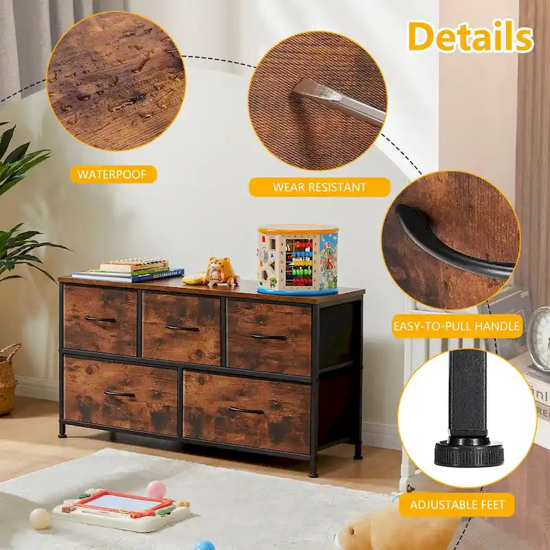 5-Drawer Fabric Dresser, Steel Frame, Wood Top – Black / Rust Brown / White / Grey