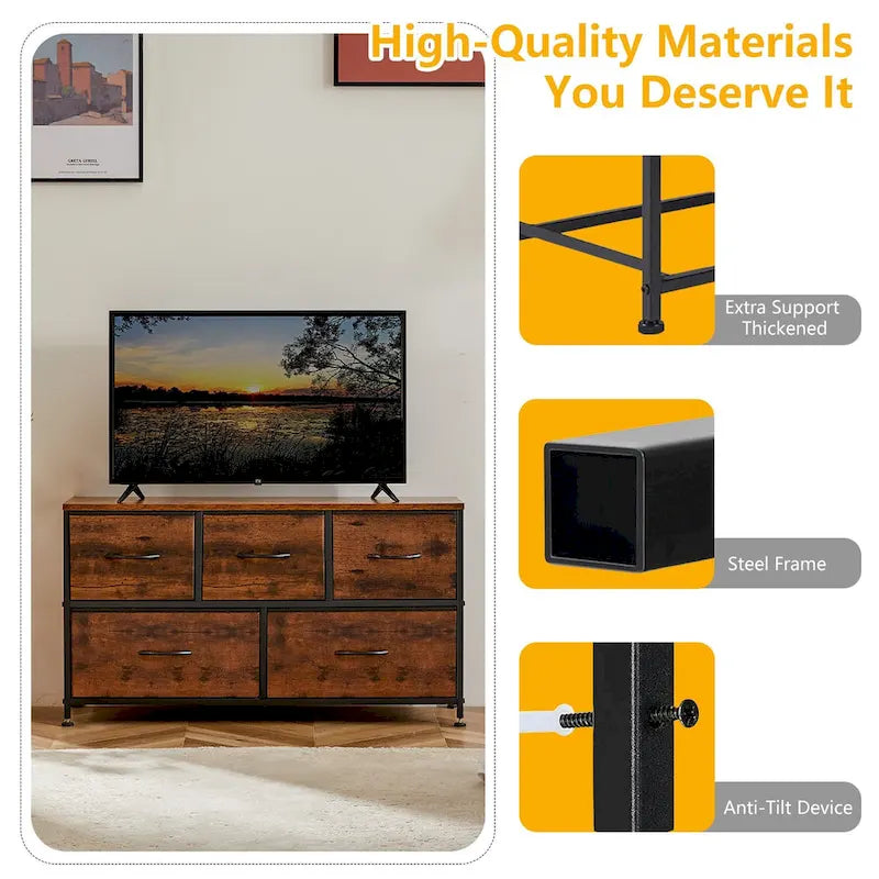 5-Drawer Fabric Dresser, Steel Frame, Wood Top – Black / Rust Brown / White / Grey