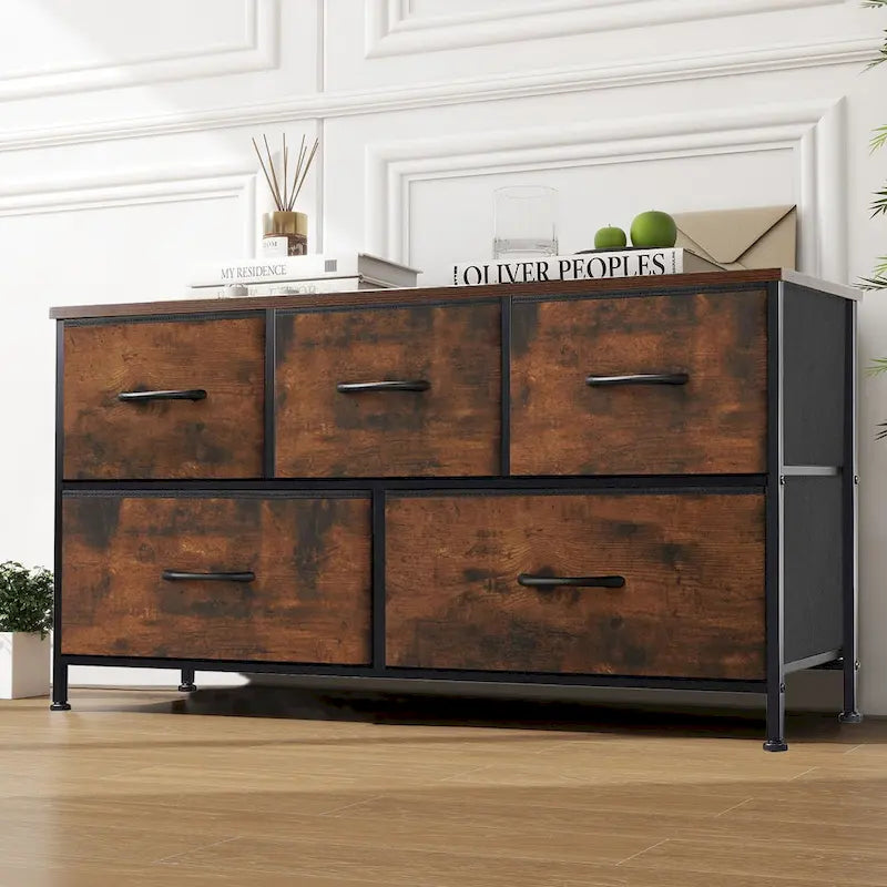 5-Drawer Fabric Dresser, Steel Frame, Wood Top – Black / Rust Brown / White / Grey