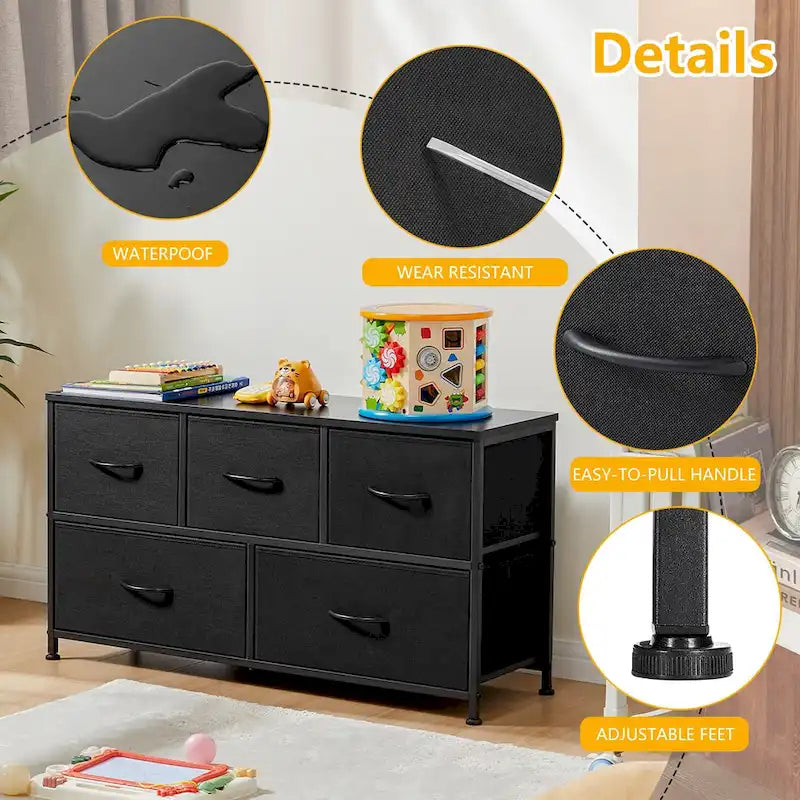5-Drawer Fabric Dresser, Steel Frame, Wood Top – Black / Rust Brown / White / Grey