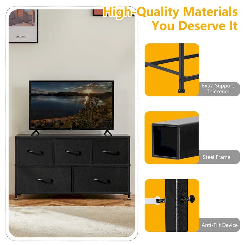 5-Drawer Fabric Dresser, Steel Frame, Wood Top – Black / Rust Brown / White / Grey