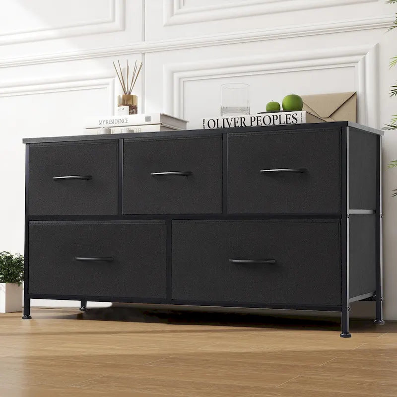 5-Drawer Fabric Dresser, Steel Frame, Wood Top – Black / Rust Brown / White / Grey