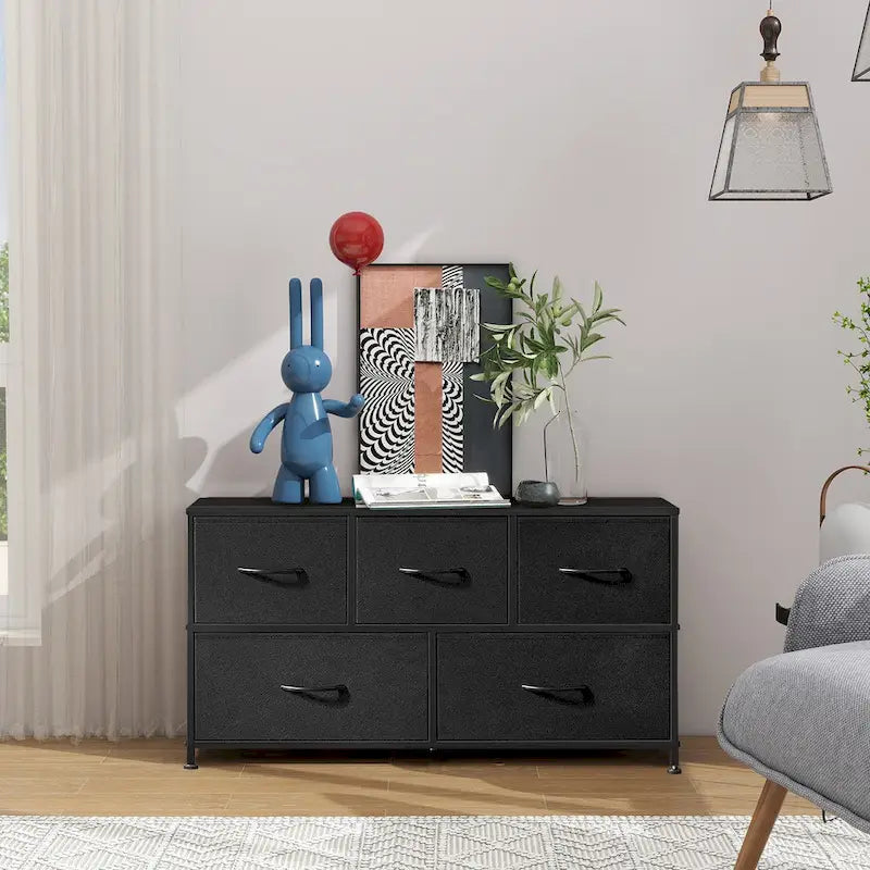 5-Drawer Fabric Dresser, Steel Frame, Wood Top – Black / Rust Brown / White / Grey