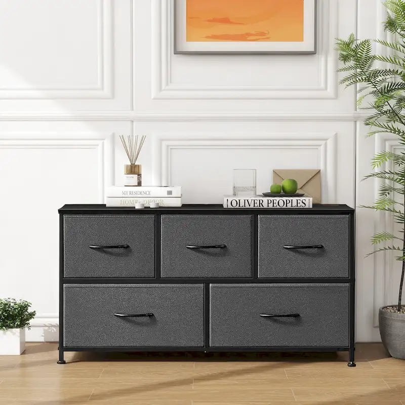 5-Drawer Fabric Dresser, Steel Frame, Wood Top – Black / Rust Brown / White / Grey