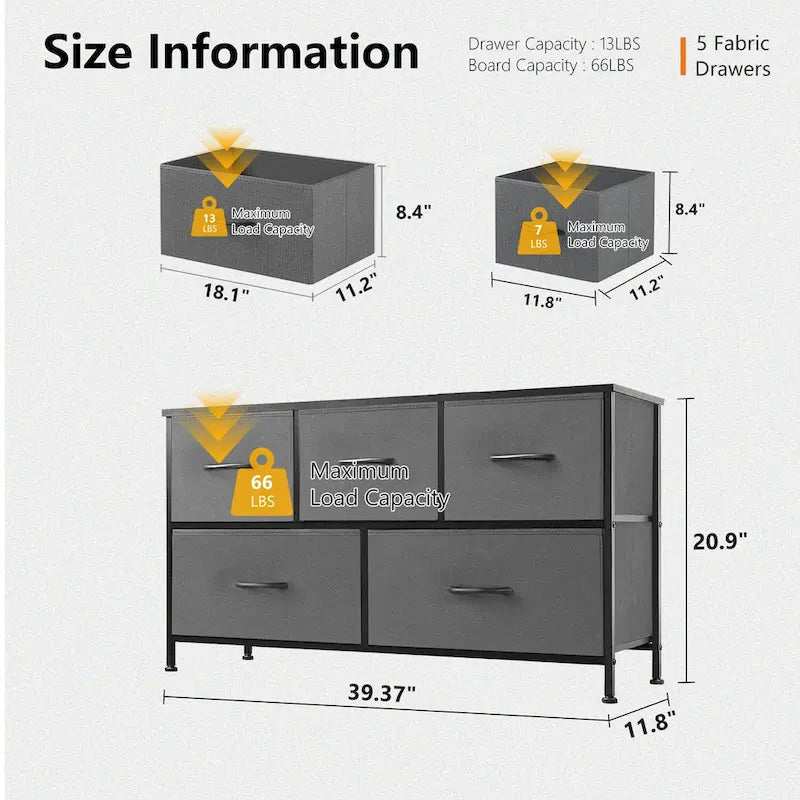 5-Drawer Fabric Dresser, Steel Frame, Wood Top – Black / Rust Brown / White / Grey