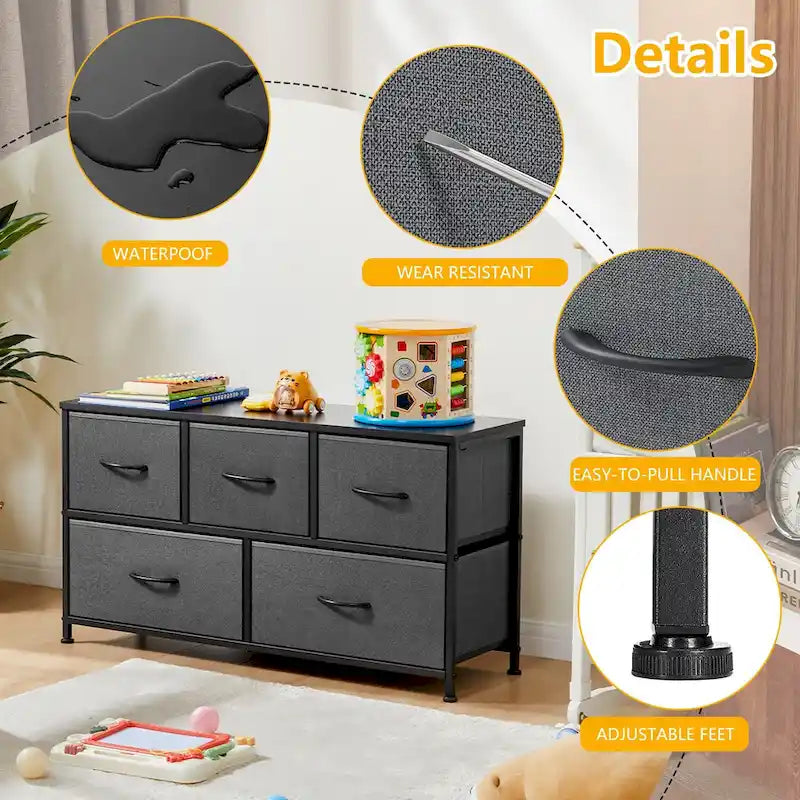 5-Drawer Fabric Dresser, Steel Frame, Wood Top – Black / Rust Brown / White / Grey