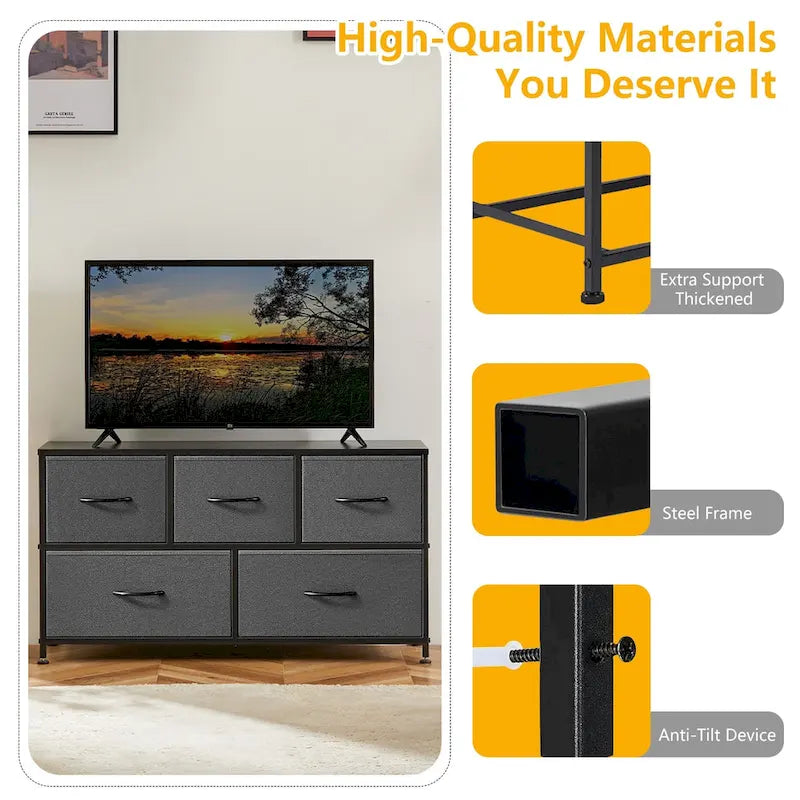 5-Drawer Fabric Dresser, Steel Frame, Wood Top – Black / Rust Brown / White / Grey