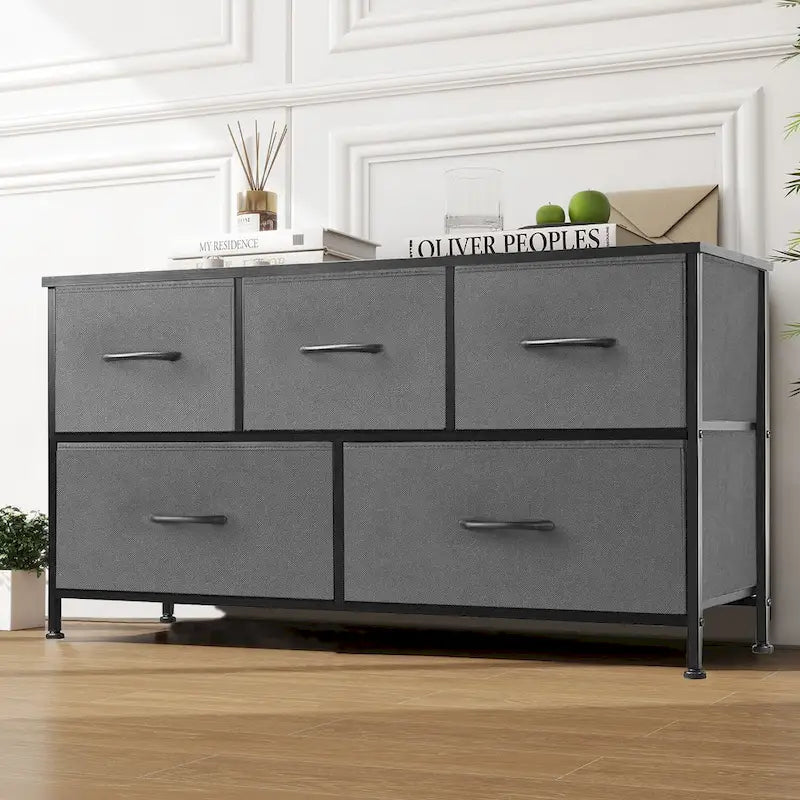 5-Drawer Fabric Dresser, Steel Frame, Wood Top – Black / Rust Brown / White / Grey