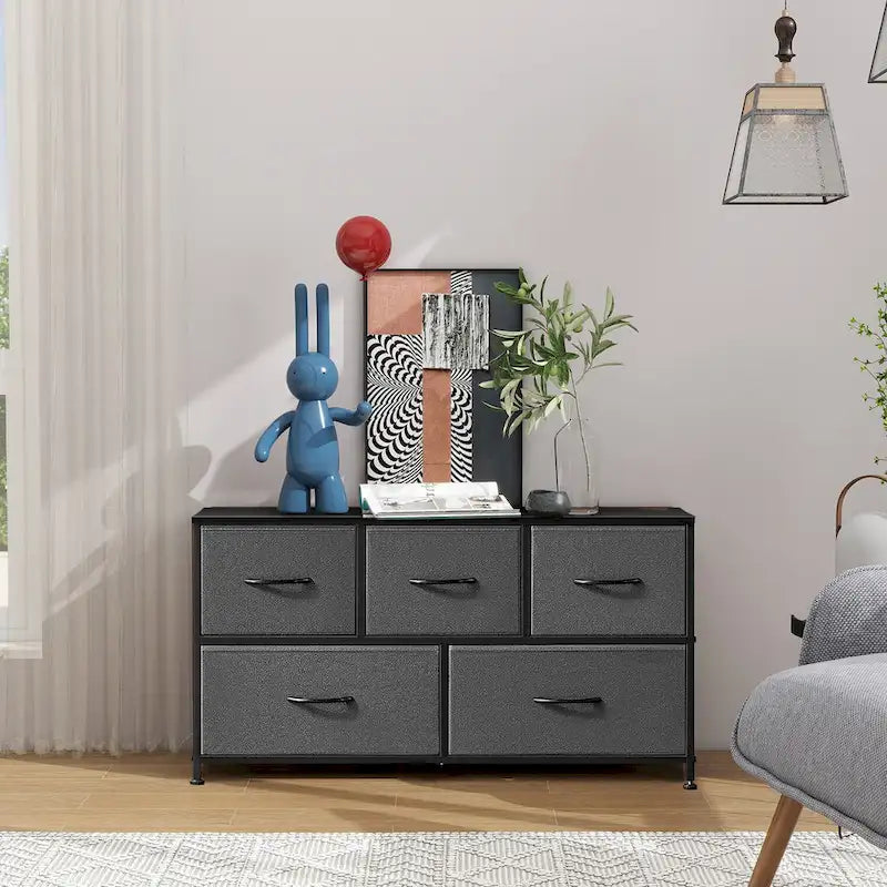 5-Drawer Fabric Dresser, Steel Frame, Wood Top – Black / Rust Brown / White / Grey