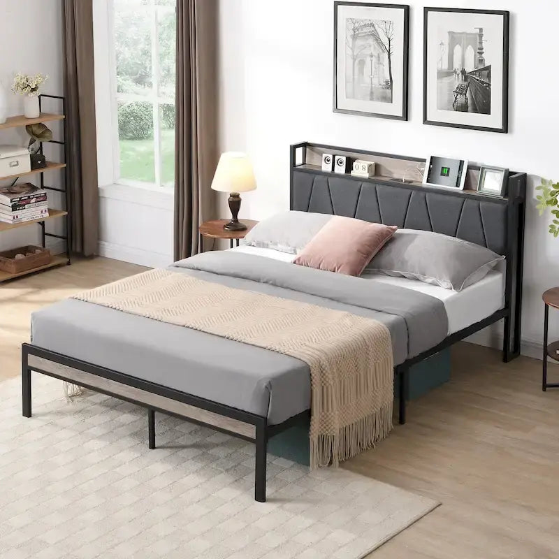 Beige & Black Full Size Platform Bed Frame for 2, Upholstered Headboard, USB Ports