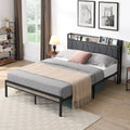 Beige & Black Full Size Platform Bed Frame for 2, Upholstered Headboard, USB Ports